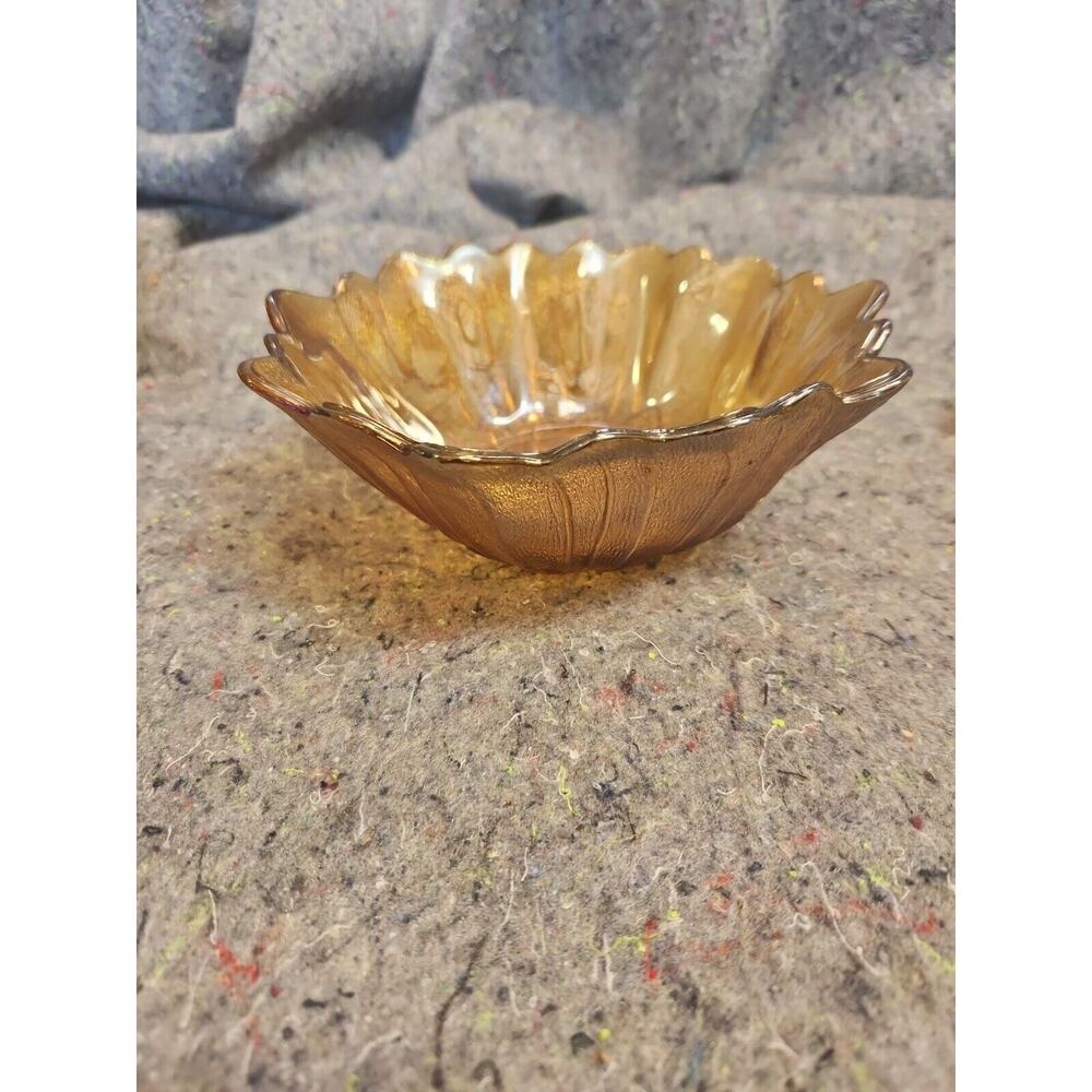 Vintage Amber Carnival Glass Footed Bowl Indiana Iridescent Oak Leaf Candy Dish